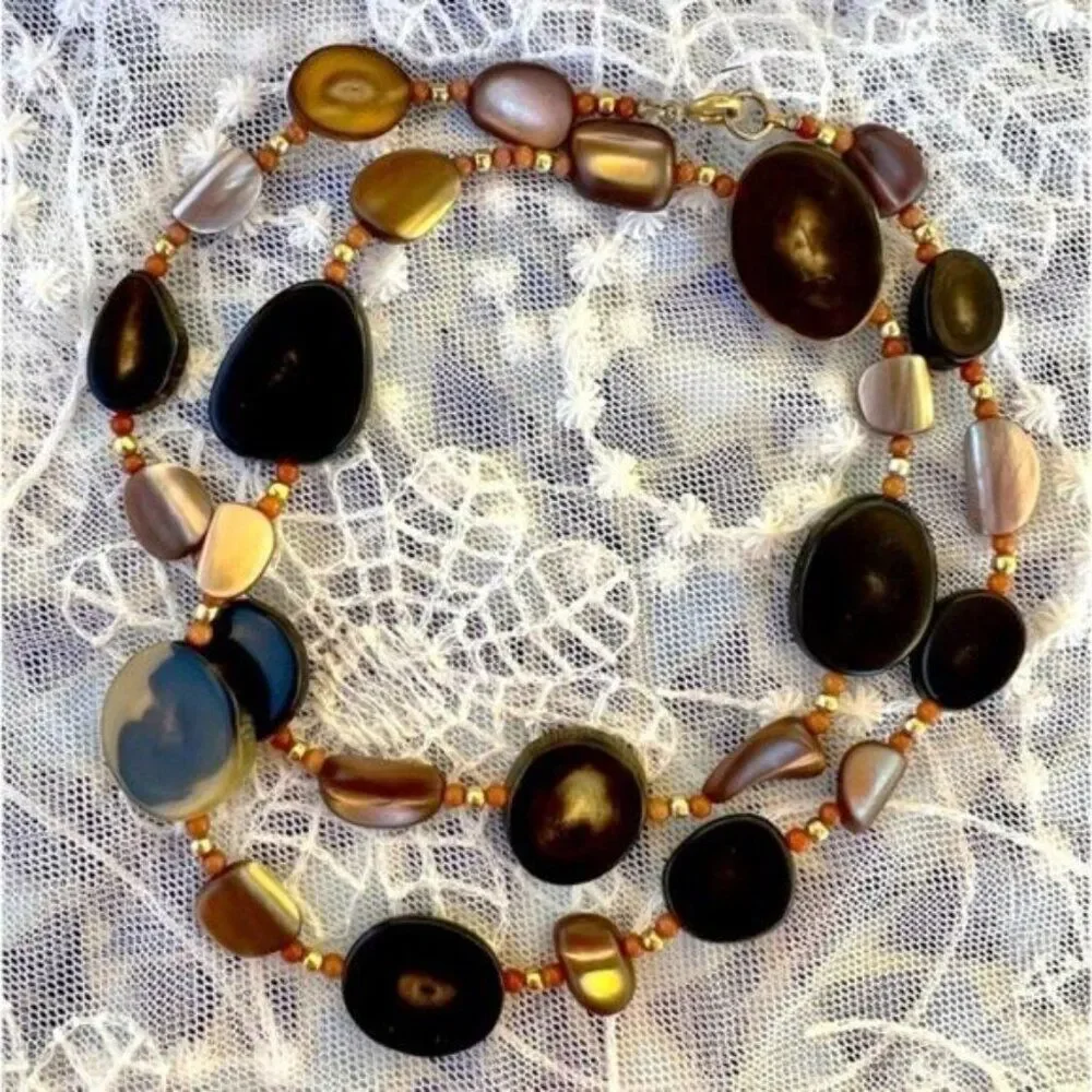 Vintage 70's Natural Horn, Coral & Abalone Shell Necklace 25”